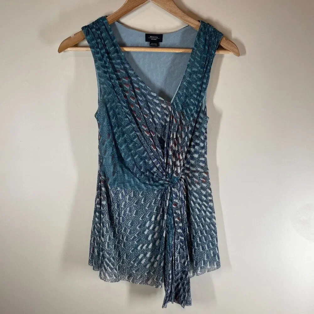 Deletta Multicolor Mesh Geometric‎ Patterned Tank Top W/ Gathered Front Size XS